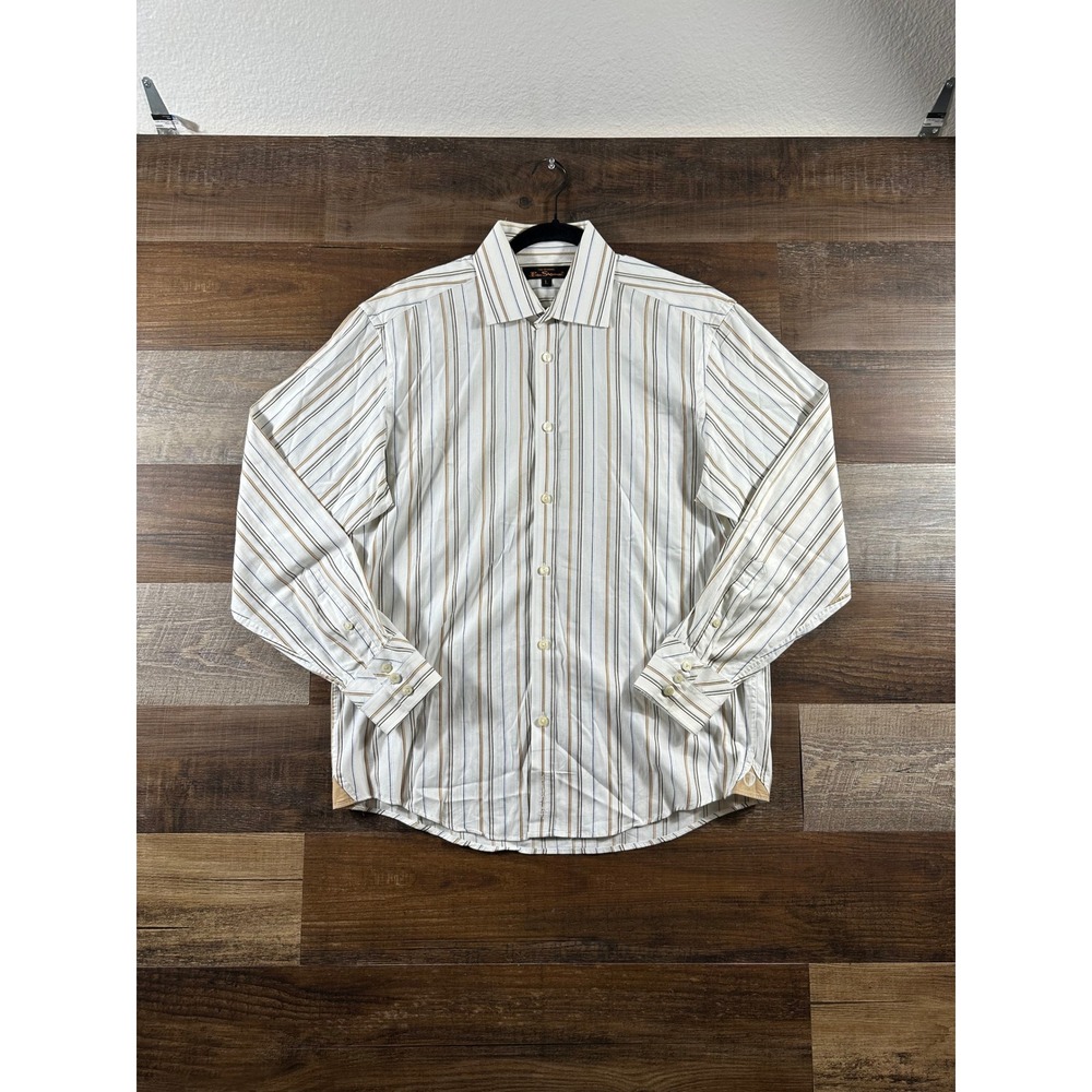 Ben Sherman Mens Large Long Sleeve Button Down Shirt Striped White Brown Blue